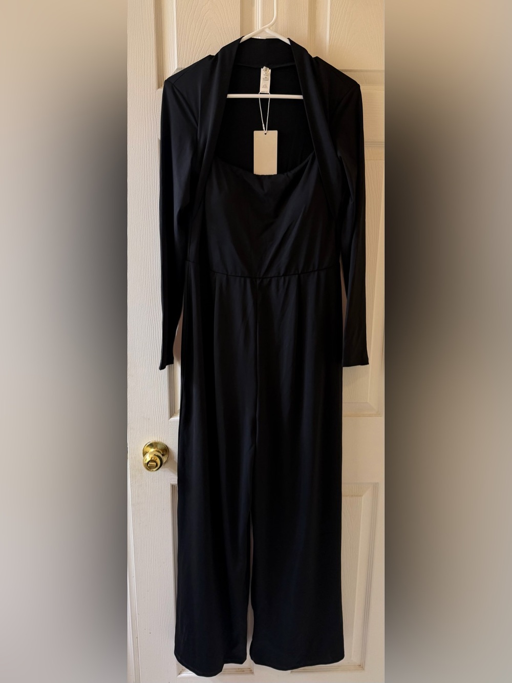 Halara Black Long Sleeve Wide Leg Jumpsuit Square Neck Stretch Size L NWT - Picture 3 of 12